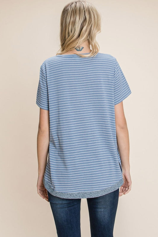 Cotton Bleu by Nu Lab Slit Striped Notched Short Sleeve T-Shirt - Trendsi