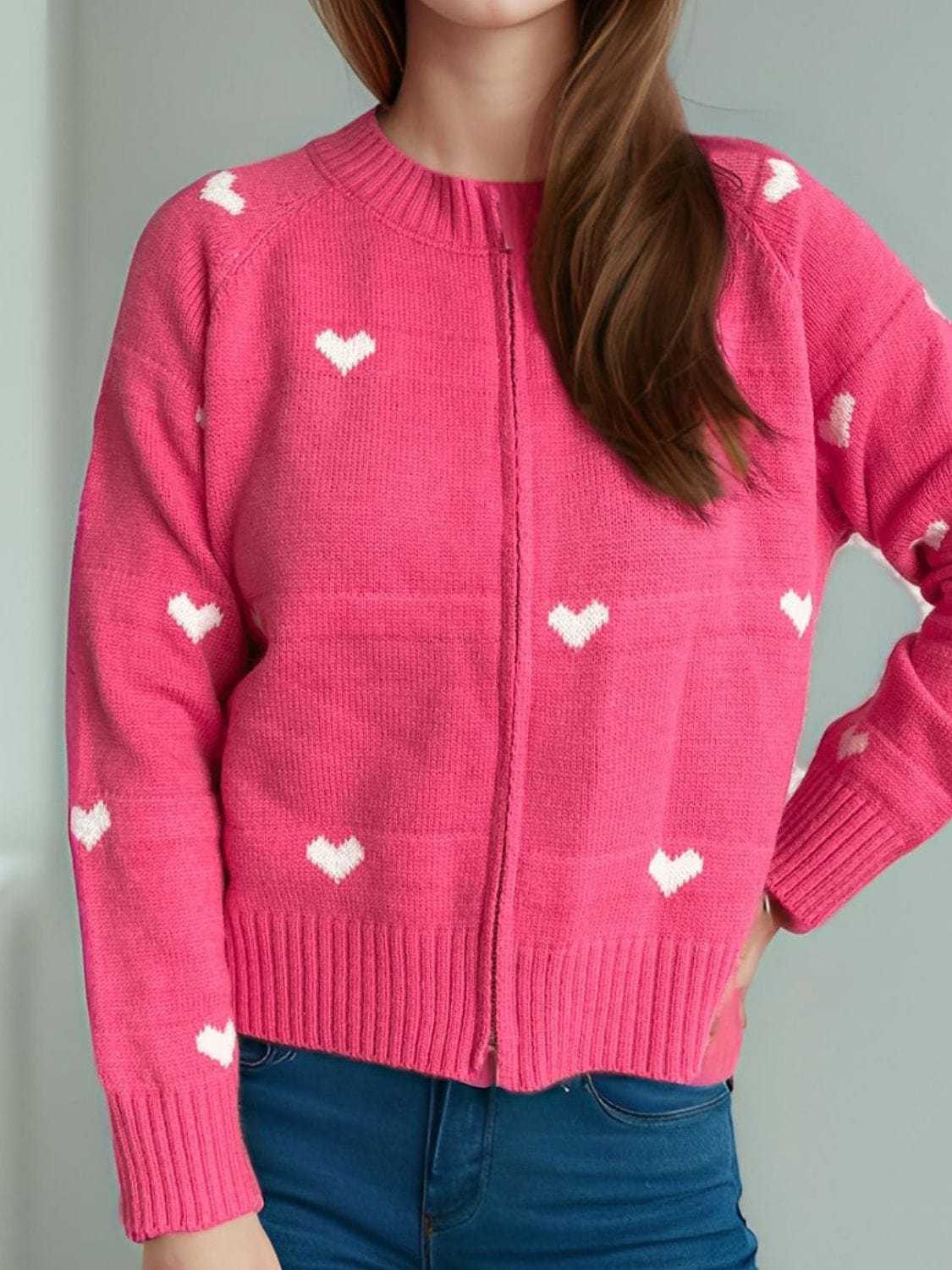 Heart Round Neck Zip Up Cardigan - Trendsi