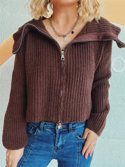 Collared Neck Zip Up Long Sleeve Cardigan - Trendsi