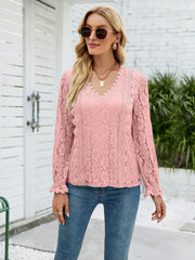 Lace V-Neck Flounce Sleeve Blouse - Flyclothing LLC