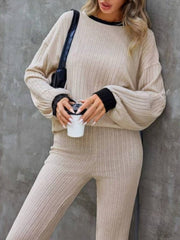 Contrast Round Neck Long Sleeve Top and Bootcut Pants Set - Trendsi