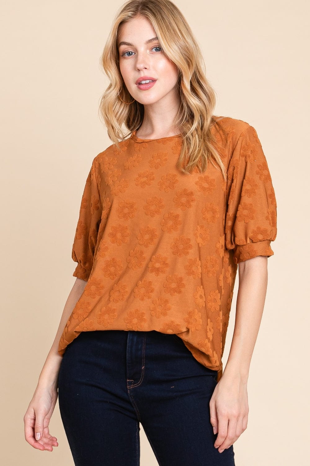 BOMBOM Textured Floral Pattern Top - Trendsi