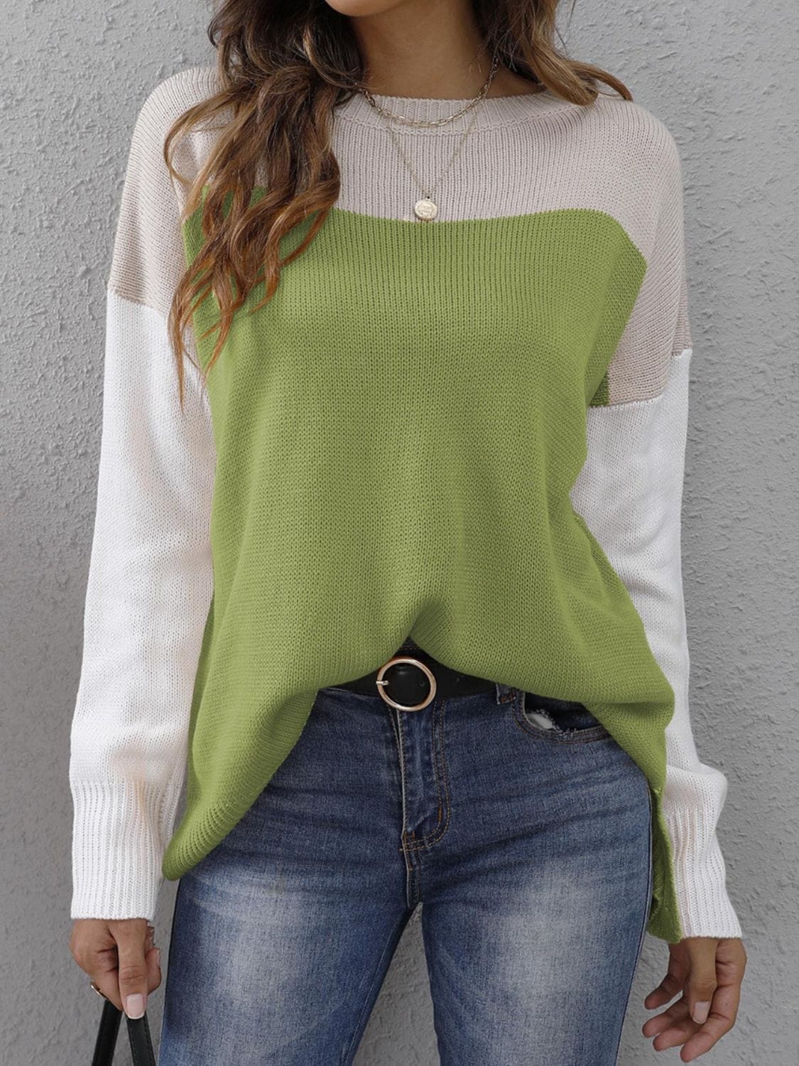 Color Block Round Neck Sweater - Trendsi