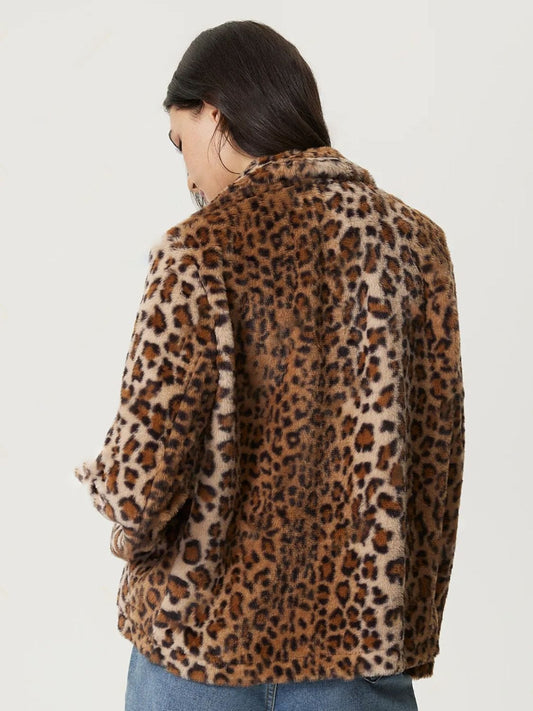 Fuzzy Leopard Collared Neck Jacket - Trendsi