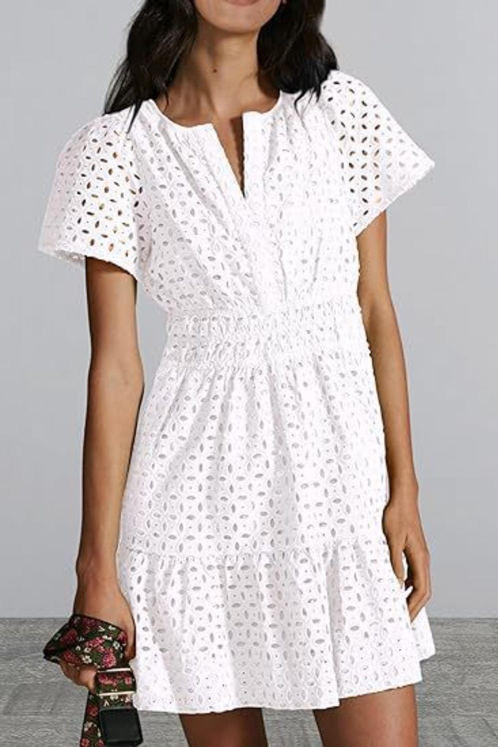 Eyelet Notched Short Sleeve Mini Dress - Trendsi