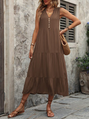 Decorative Button Notched Sleeveless Dress - Trendsi