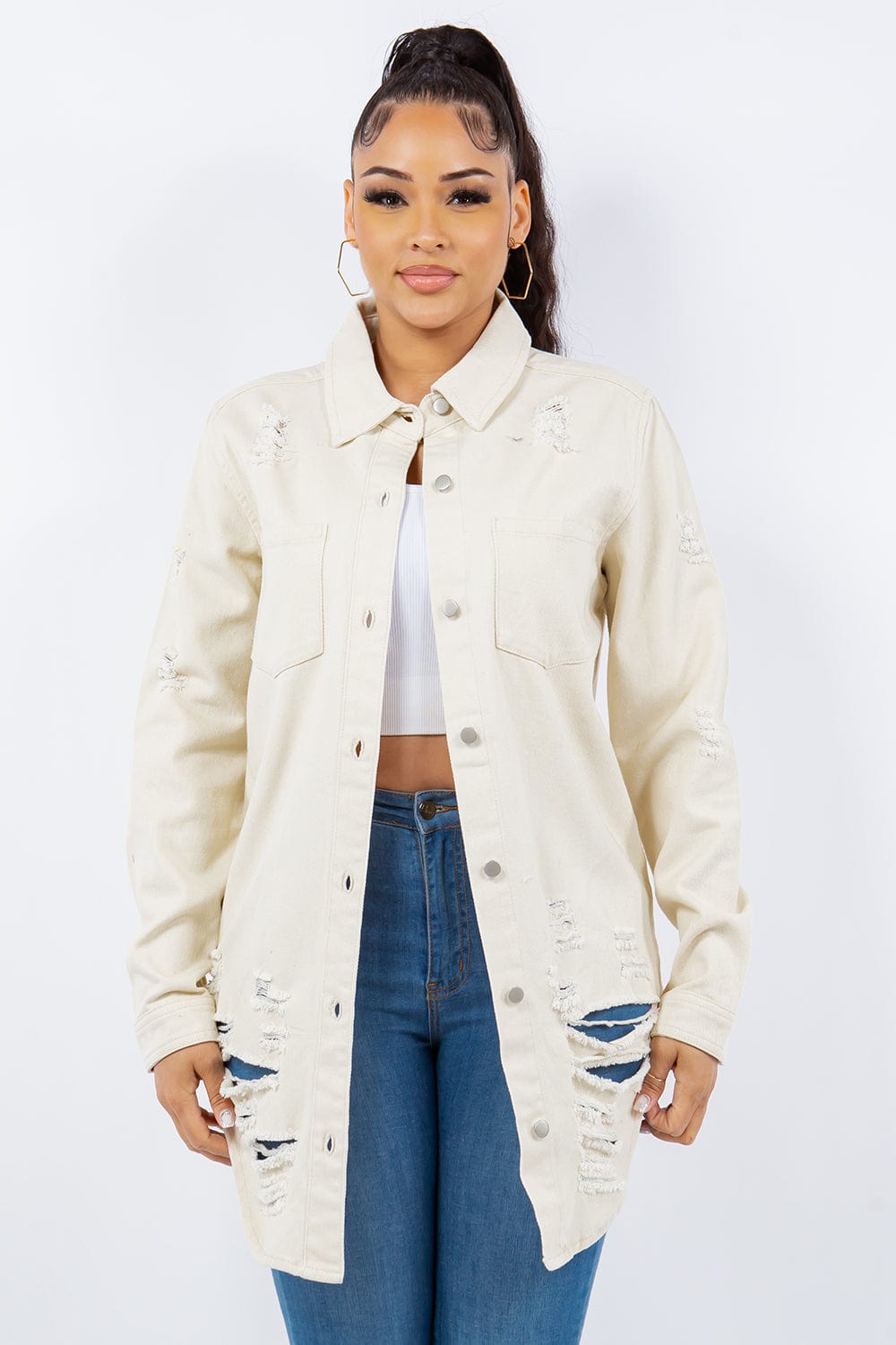 American Bazi Distressed Button Up Long Sleeve Denim Jacket - Trendsi