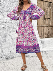 Tassel Tied Printed Long Sleeve Dress - Flyclothing LLC