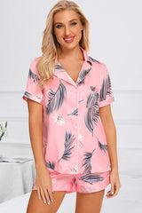 Printed Button Up Short Sleeve Top and Shorts Lounge Set - Flyclothing LLC