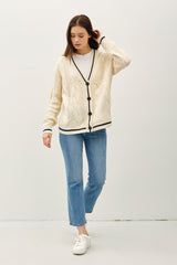 Be Cool Contrast Trim Cable-Knit V-Neck Cardigan - Trendsi