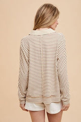 Annie Wear Striped Button Detail Long Sleeve Polo Top - Trendsi