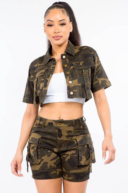 American Bazi Full Size Camouflage Short Sleeve Cropped Jacket - Trendsi