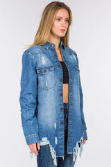 American Bazi Distressed Frayed Hem Denim Jacket - Trendsi