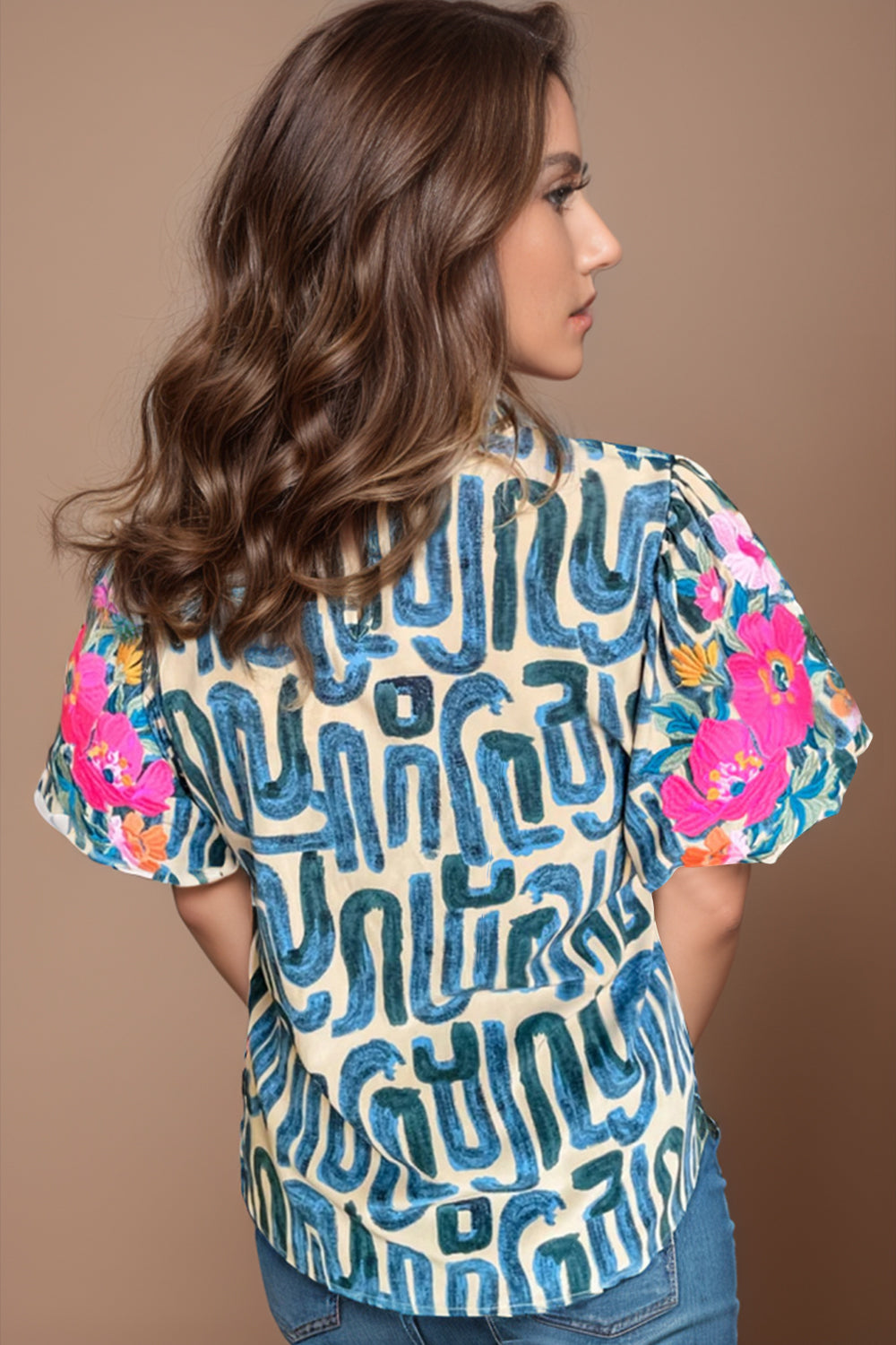 Plus Size Printed Mock Neck Short Sleeve Blouse Trendsi