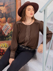 Plus Size Lace Detail Round Neck Long Sleeve Blouse - Trendsi