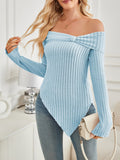 Ribbed Asymmetrical Hem Off-Shoulder Long Sleeve T-Shirt