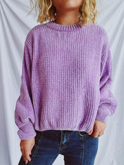 Round Neck Dropped Shoulder Long Sleeve Sweater - Trendsi