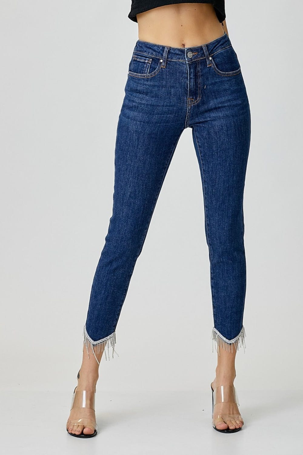 RISEN Full Size Embellished Mid Rise Crop Skinny Jeans - Trendsi