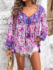 Printed Tie Neck Long Sleeve Blouse - Flyclothing LLC