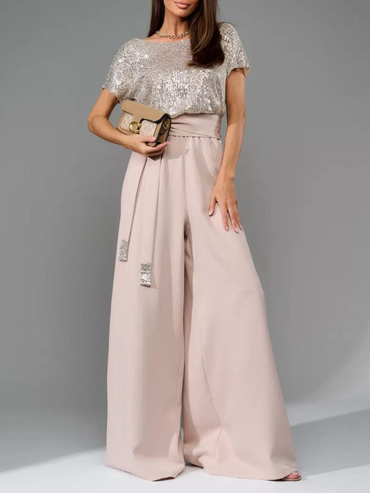 Full Size Sequin Round Neck Short Sleeve Wide Leg Jumpsuit - Trendsi