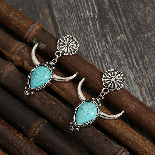 Artificial Turquoise Alloy Cow Head Earrings - Trendsi