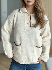 Contrast Trim Quarter Button Long Sleeve Sweater - Trendsi