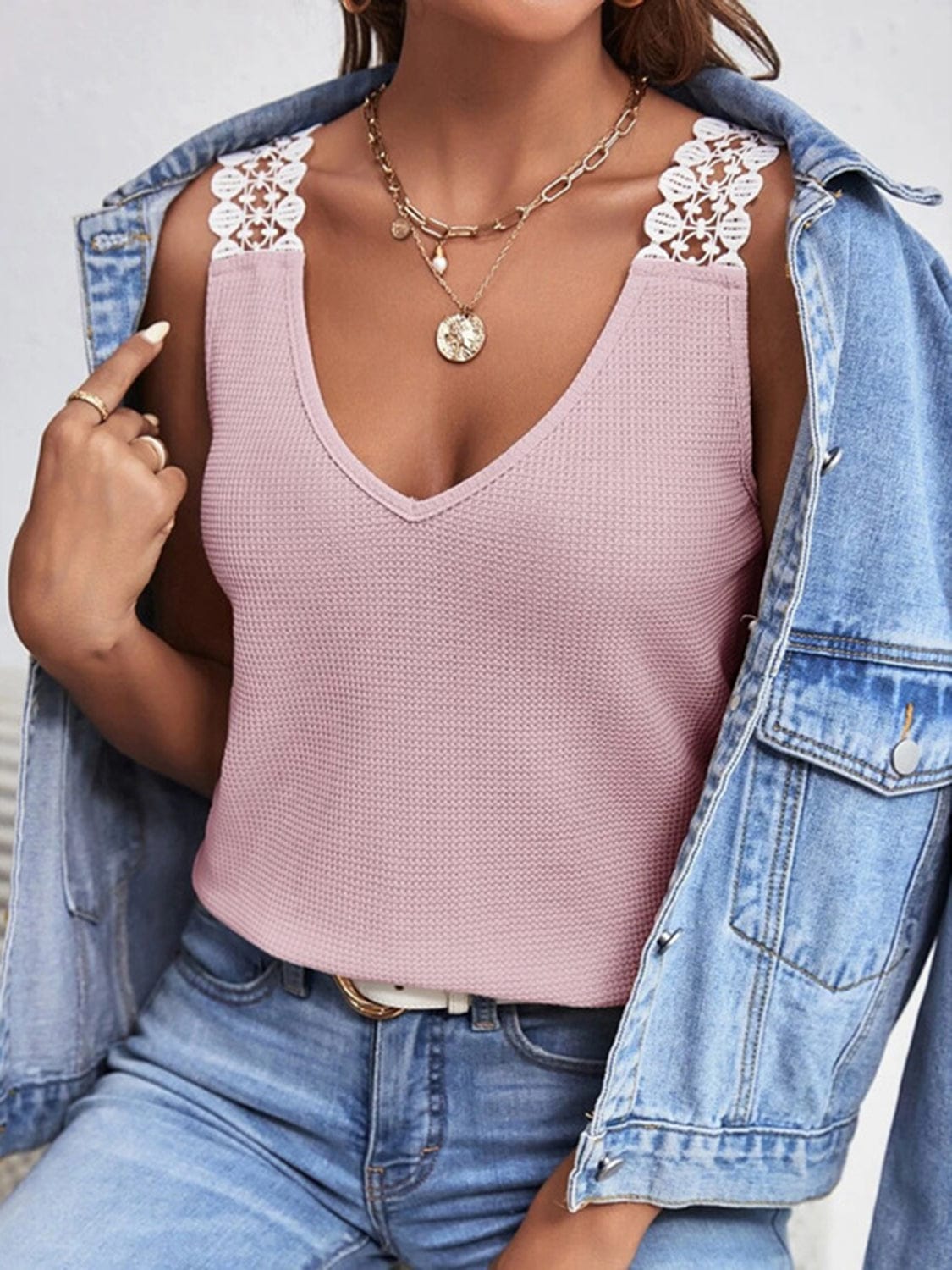 Lace Detail Waffle-Knit V-Neck Tank - Trendsi