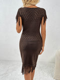 Fringe Openwork Boat Neck Knit Dress - Flyclothing LLC