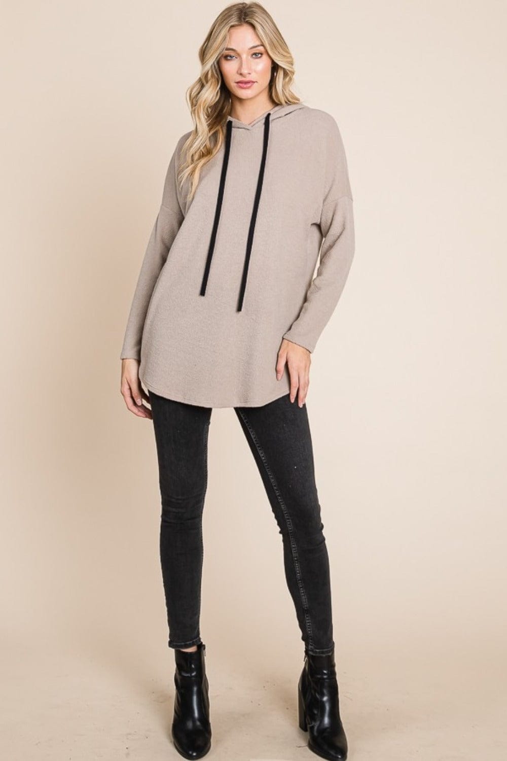 BOMBOM Contrast Drawstring Drop Shoulder Knit Hoodie - Trendsi