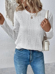 Eyelet Round Neck Long Sleeve Blouse - Flyclothing LLC