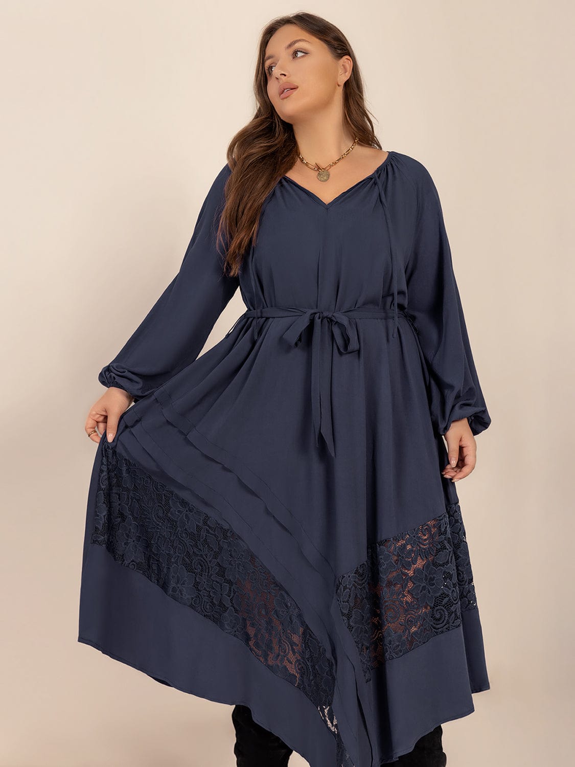 Plus Size Lace Detail Tie Neck Long Sleeve Midi Dress - Trendsi