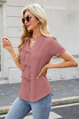 Bow Notched Short Sleeve Blouse - Trendsi