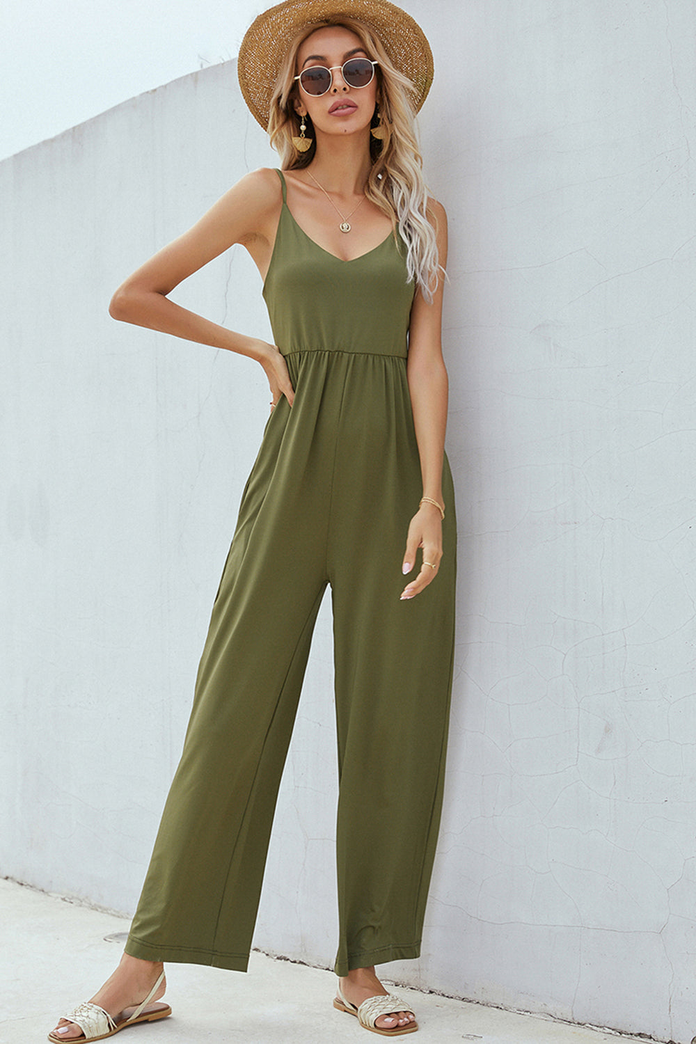 V-Neck Spaghetti Strap Wide Leg Jumpsuit Trendsi