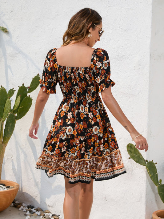 Printed Square Neck Short Sleeve Dress - Flyclothing LLC