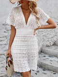 Openwork Plunge Short Sleeve Cover-Up Dress - Flyclothing LLC