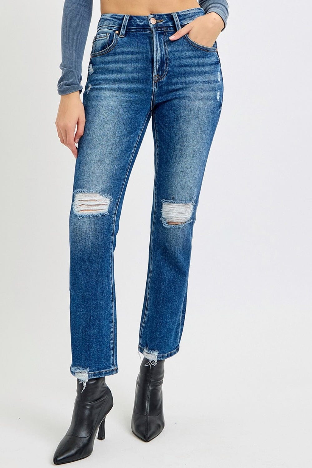 RISEN Full Size High Rise Distressed Crop Straight Jeans - Trendsi