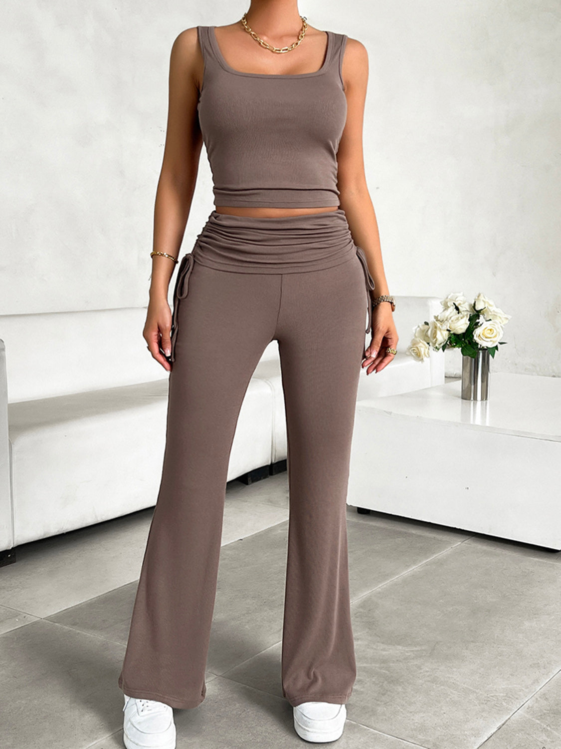 Square Neck Tank and Drawstring Pants Set Trendsi