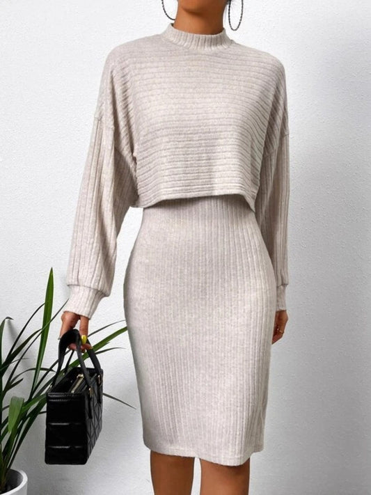 Mock Neck Long Sleeve Top and Wide Strap Dress Set - Trendsi