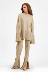 Basic Bae Slit Round Neck Long Sleeve Top and Drawstring Pants Sweater Set - Trendsi