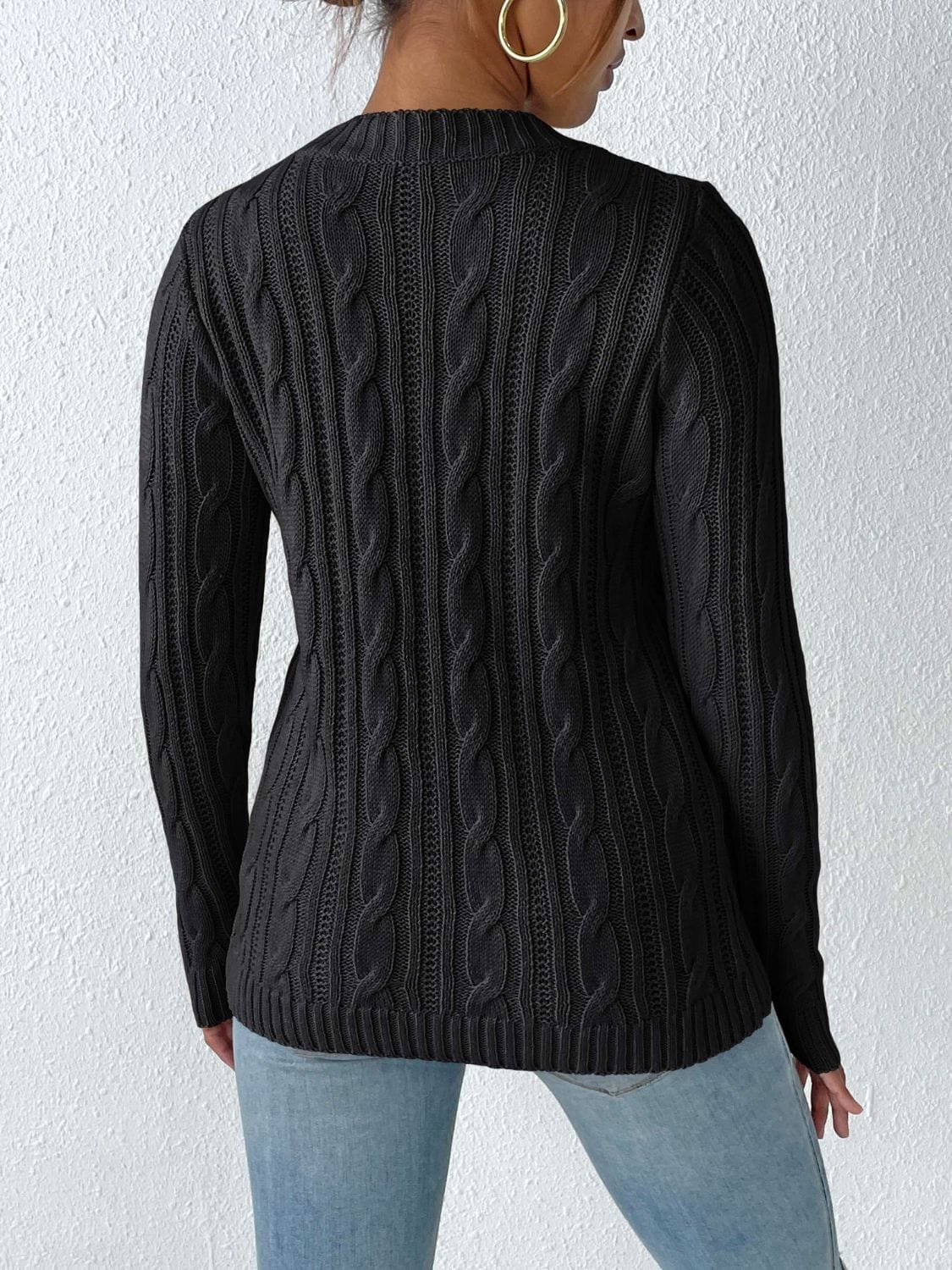 Cable-Knit Round Neck Long Sleeve Sweater - Trendsi