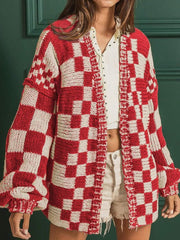 Checkered Open Front Long Sleeve Cardigan - Trendsi