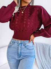 Openwork Mock Neck Long Sleeve Cropped Sweater