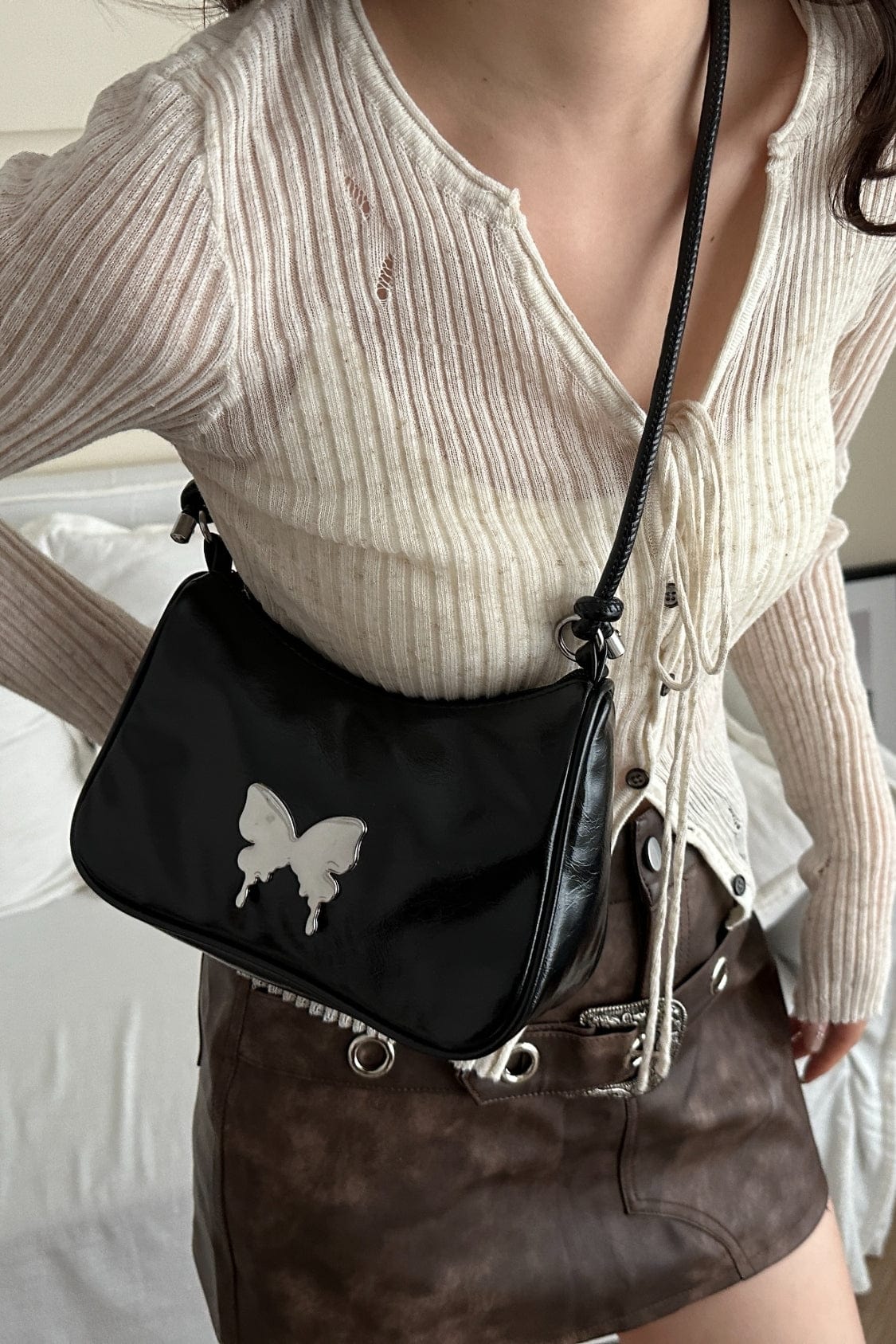 Butterfly PU Leather Knotted Strap Shoulder Bag - Trendsi