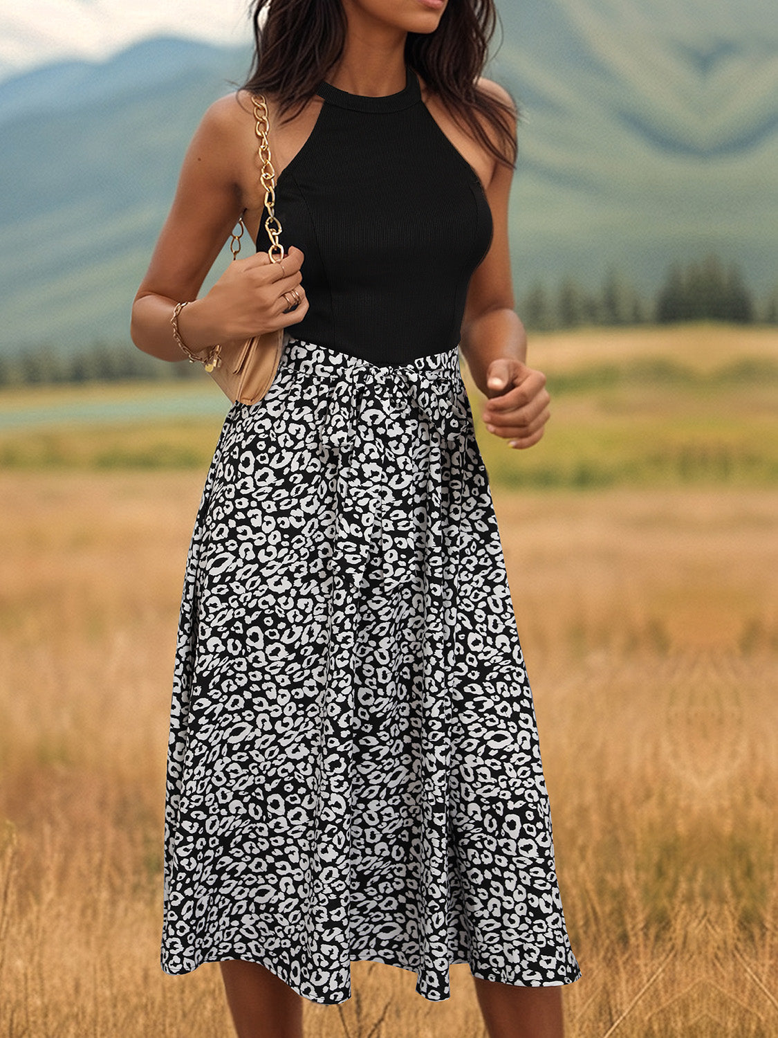 Leopard Halter Neck Midi Dress - Flyclothing LLC