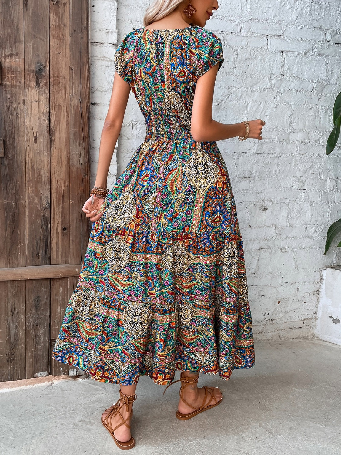 Smocked Printed Cap Sleeve Midi Dress Trendsi