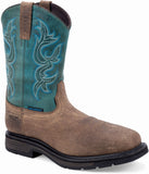 Old West Brown Bull Hide Print Foot Crunchy Turquoise Shaft Men's Work Boots