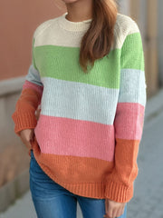 Color Block Round Neck Long Sleeve Sweater - Trendsi