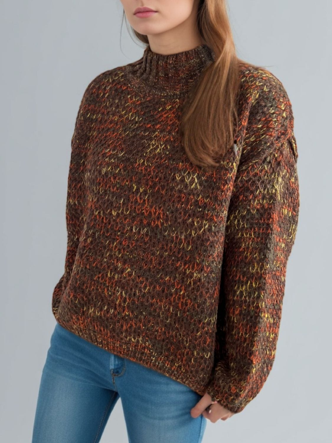 Heathered Turtleneck Dropped Shoulder Sweater - Trendsi