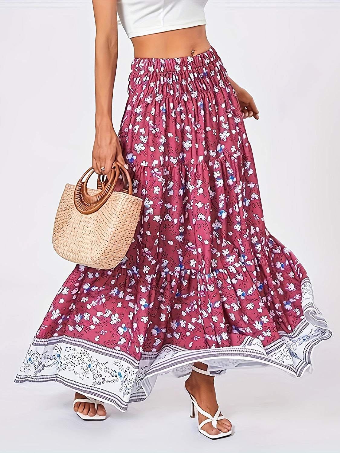 Full Size Tiered Printed Elastic Waist Skirt Trendsi