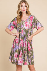 BOMBOM Flower Print V-Neck Ruched Dress - Trendsi